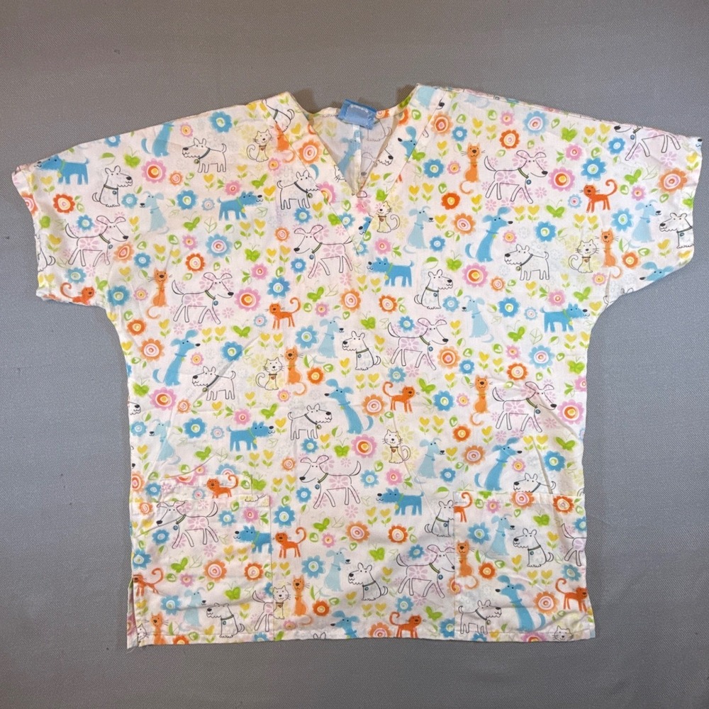 Scrub HQ V-Neck Scrub Top Dog Cat Floral Veterinary Medical Nurse White XL 1879